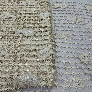 cream net fabric, paisley embroidery, sequin work, designer suit fabric, bridal fabric, ethnic wear fabric