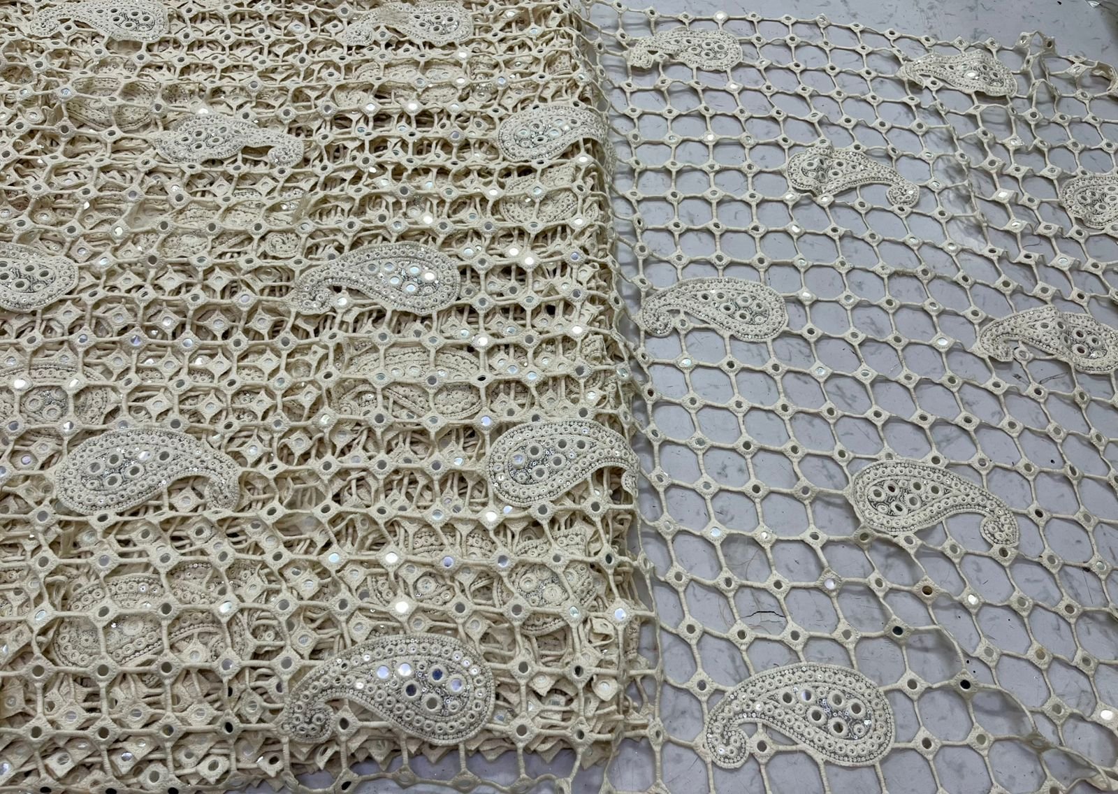 cream net fabric, paisley embroidery, sequin work, designer suit fabric, bridal fabric, ethnic wear fabric