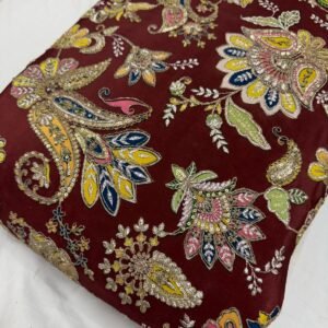 maroon embroidery, zari work fabric, designer fabric, festive wear fabric, embroidered suit material