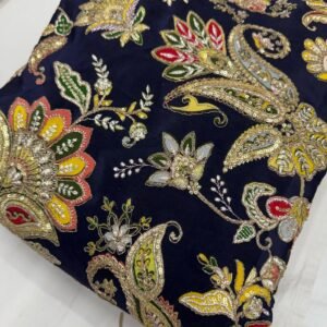 navy blue embroidery, floral fabric, zari work fabric, fancy embroidered fabric, festive suit material