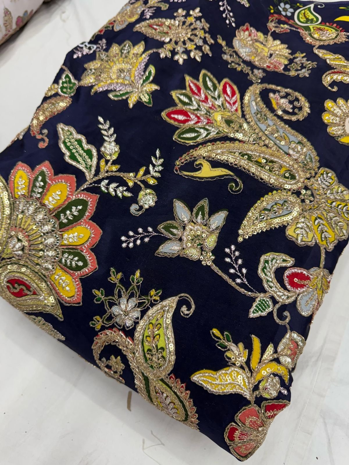 navy blue embroidery, floral fabric, zari work fabric, fancy embroidered fabric, festive suit material