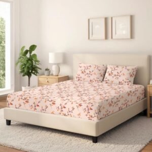 king size bedsheet, peach floral bedsheet, cotton bedding, soft bedsheet, printed bedsheet