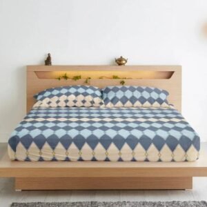 king size bedsheet, cotton bedsheet, geometric print, blue bedsheet, premium bedsheet, modern bedroom décor