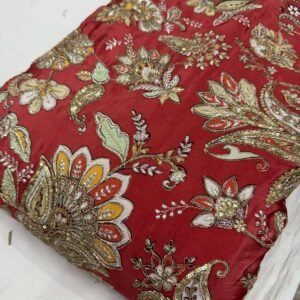 red embroidery, bridal fabric, zari work fabric, sequin embroidery, festive fabric