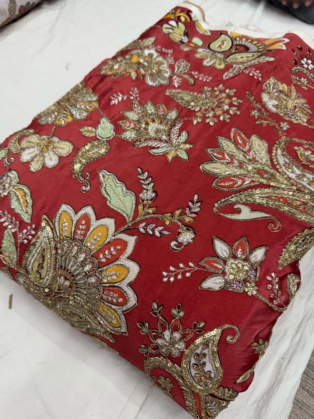 red embroidery, bridal fabric, zari work fabric, sequin embroidery, festive fabric