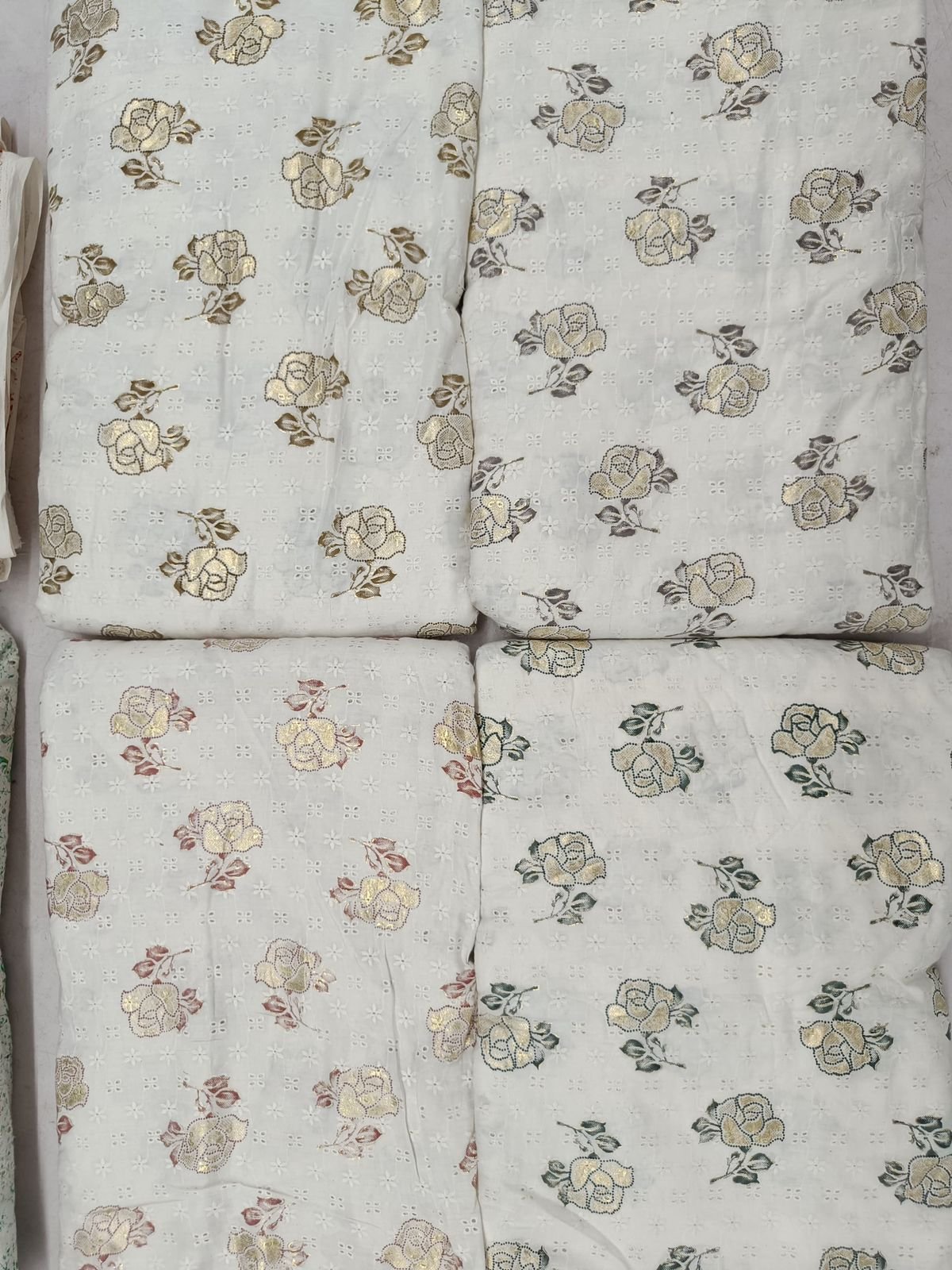 White Cotton Embroidered Fabric with Golden Rose Motifs